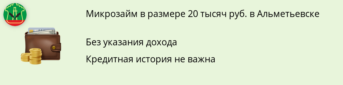 Заём на сумму 20 000 руб. в Альметьевске